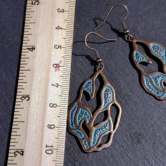 Antique Copper Verdigris Blue Green Patina Artsy Textured Open Leaf Earrings - Picture 7 of 7
